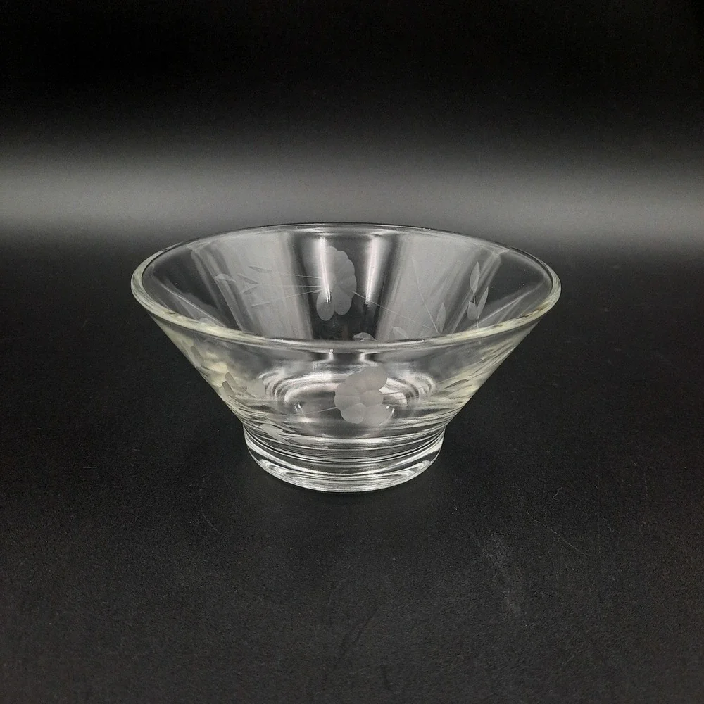 Vintage‎ Clear Glass Bowl Etched Floral Leaf Design Small Serving Dish
